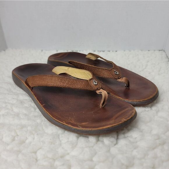 Oluka PUA-W Womens Flip Flops Beach Sandals Size 9 Brown Leather Shoes L - Picture 1 of 10